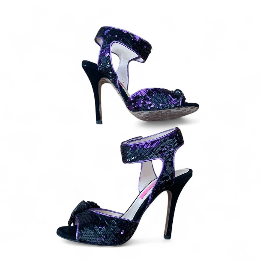 Betsey Johnson Purple & Black Sequin Beaded Flower Heels Sz 7M - Picture 3 of 10